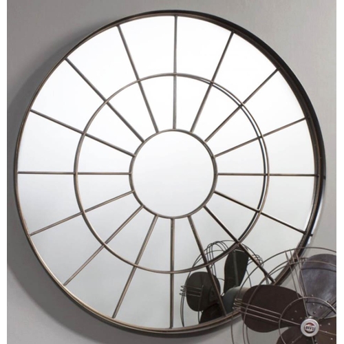 335 - ARCHITECTURAL CIRCULAR WALL MIRROR, bronzed metal frame, 100.5cm x 50cm.