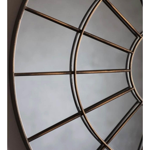 335 - ARCHITECTURAL CIRCULAR WALL MIRROR, bronzed metal frame, 100.5cm x 50cm.