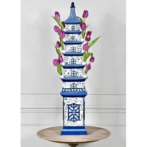 438 - DELFTWARE STYLE PAGODA TULIP VASE, 90cm H x 19cm W.