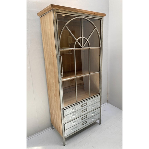 435 - SIDE CABINET, 133cm high, 59cm wide, 36cm deep, Georgian arch glazed metal door with four metal draw... 