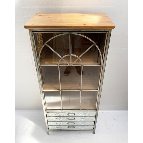 435 - SIDE CABINET, 133cm high, 59cm wide, 36cm deep, Georgian arch glazed metal door with four metal draw... 