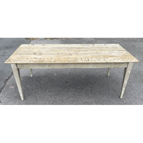 437 - FARMHOUSE KITCHEN TABLE, 75cm high, 195cm long, 79cm wide, aged limed pine, plank top, tapered legs.