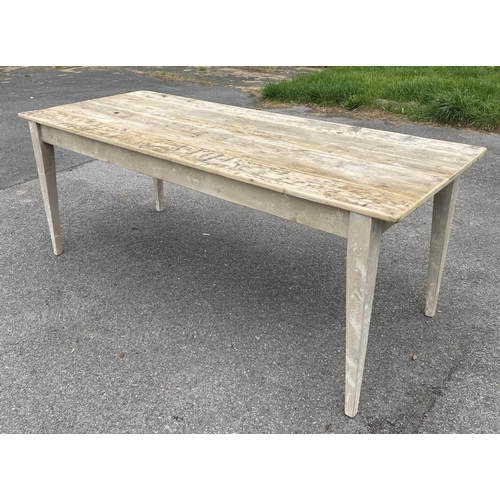 437 - FARMHOUSE KITCHEN TABLE, 75cm high, 195cm long, 79cm wide, aged limed pine, plank top, tapered legs.