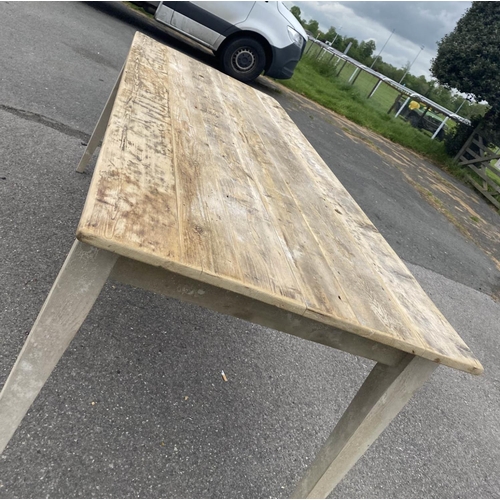 437 - FARMHOUSE KITCHEN TABLE, 75cm high, 195cm long, 79cm wide, aged limed pine, plank top, tapered legs.