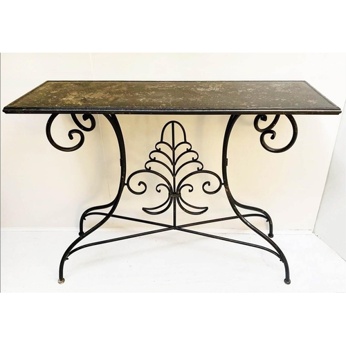 420 - CONSOLE TABLE, 92cm high, 122cm wide, 40cm deep, French Provincial style, aged painted metal.