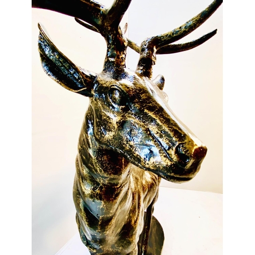 417 - SCULPTURAL STAG, 154cm high, 105cm wide, 50cm deep, cast metal, bronzed finish.