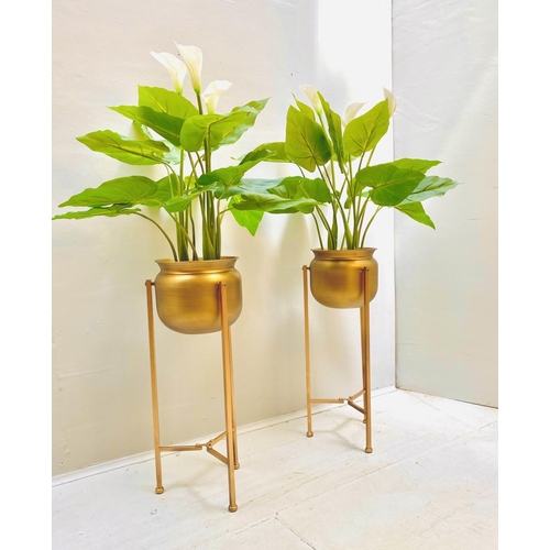 418 - FAUX PRAYER LILY PLANTS, a pair, in gilt metal planters with tripod bases, 110cm H. (2)