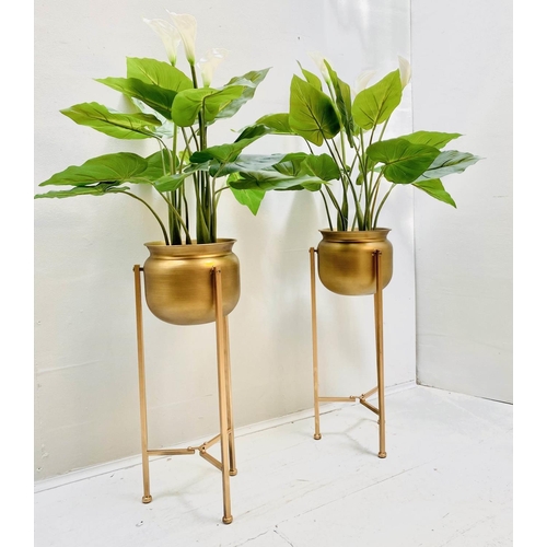 418 - FAUX PRAYER LILY PLANTS, a pair, in gilt metal planters with tripod bases, 110cm H. (2)