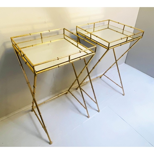 419 - MAISON BAGUES STYLE SIDE TABLES, a pair, 68cm H x 36cm W, mirrored glass tops, faux bamboo gilt meta... 