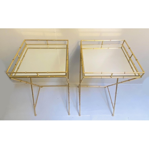 419 - MAISON BAGUES STYLE SIDE TABLES, a pair, 68cm H x 36cm W, mirrored glass tops, faux bamboo gilt meta... 