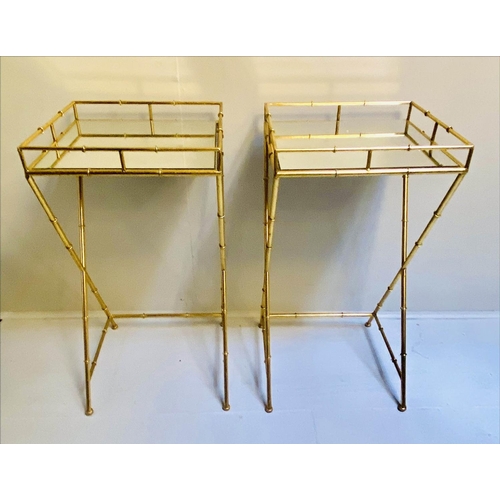 419 - MAISON BAGUES STYLE SIDE TABLES, a pair, 68cm H x 36cm W, mirrored glass tops, faux bamboo gilt meta... 