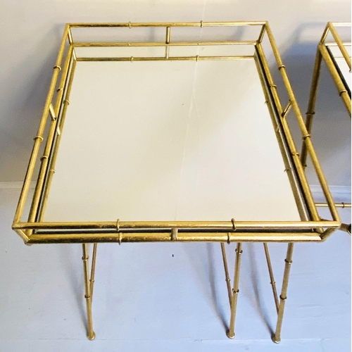 419 - MAISON BAGUES STYLE SIDE TABLES, a pair, 68cm H x 36cm W, mirrored glass tops, faux bamboo gilt meta... 