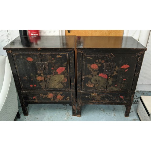 407 - CABINETS, a pair, 78.5cm x 49.5cm x 104cm, Shanxi style painted with two doors enclosing shelf in ea... 