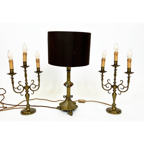 11 - ECCLESIASTICAL CANDLESTICK LAMPS, and a pair of three scrolling branch candlestick lamps, 60cm H. (3... 