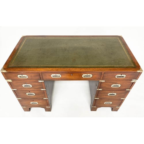 102 - CAMPAIGN STYLE DESK, mahogany and brass bound with gilt tooled green leather top and nine drawers, 1... 