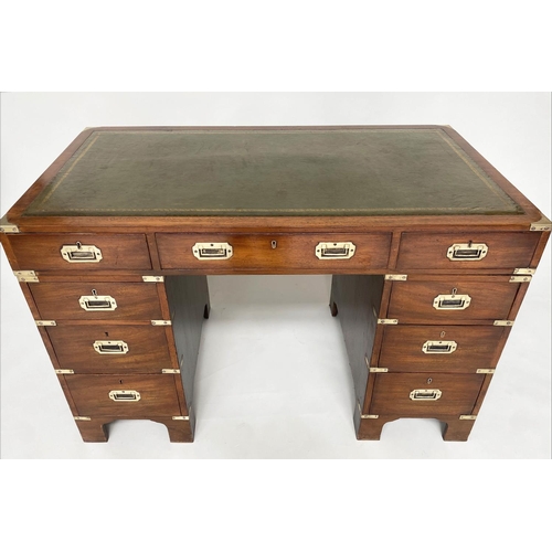 102 - CAMPAIGN STYLE DESK, mahogany and brass bound with gilt tooled green leather top and nine drawers, 1... 