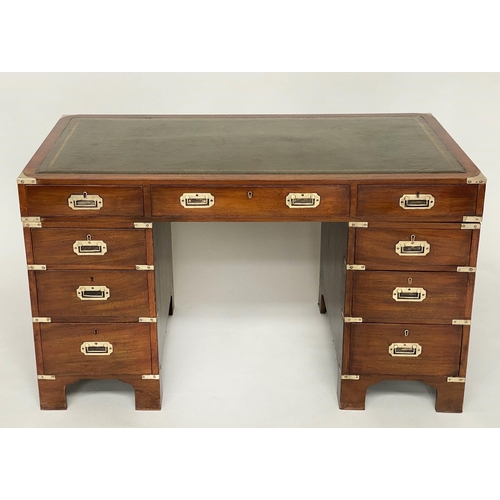 102 - CAMPAIGN STYLE DESK, mahogany and brass bound with gilt tooled green leather top and nine drawers, 1... 