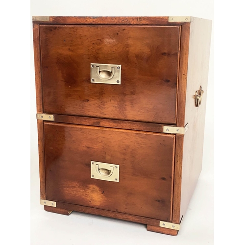 104 - CAMPAIGN STYLE CHESTS, two, yewwood and brass bound, one with three drawers, the other a two drawer ... 