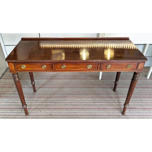 111 - WRITING TABLE, 122cm W x 49cm D x 80cm H, early 20th century Georgian style mahogany with three frie... 