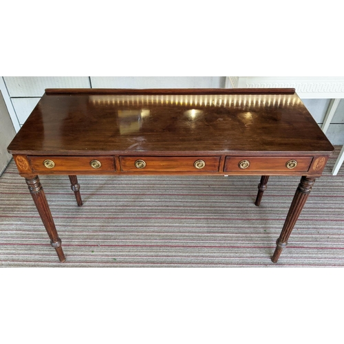 111 - WRITING TABLE, 122cm W x 49cm D x 80cm H, early 20th century Georgian style mahogany with three frie... 