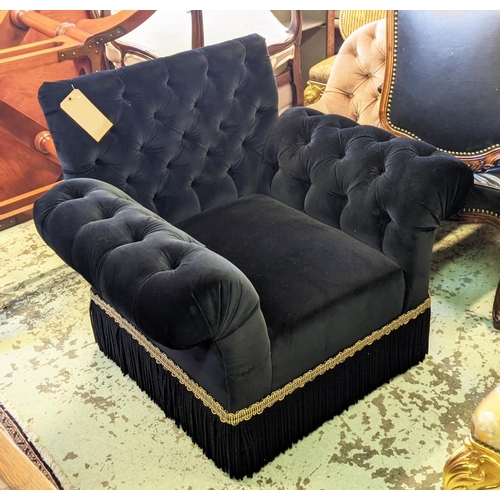 116 - ARMCHAIR, 100cm W x 88cm H, black velvet with buttoned arms and back.