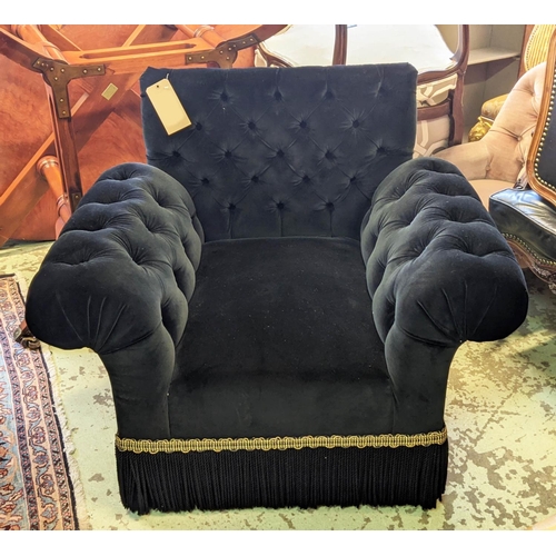 116 - ARMCHAIR, 100cm W x 88cm H, black velvet with buttoned arms and back.