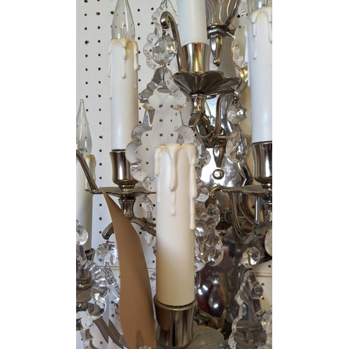 117 - WALL SCONCES, a pair, each approx 65cm H with polished metal frames and cut glass droplets. (2)