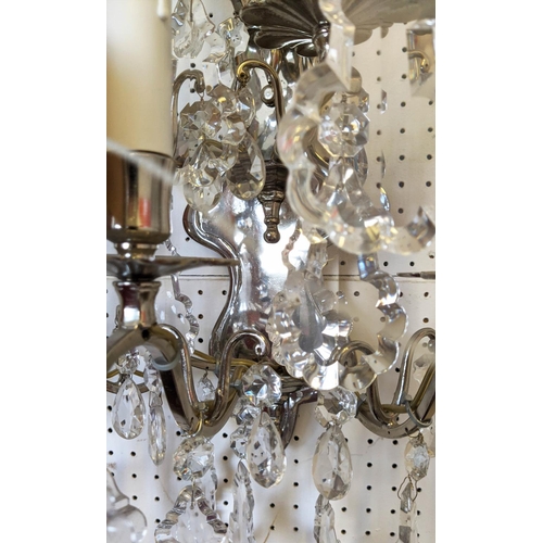 117 - WALL SCONCES, a pair, each approx 65cm H with polished metal frames and cut glass droplets. (2)