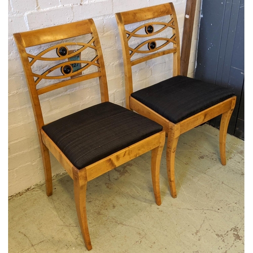 127 - DINING CHAIRS, a set of six, each 45cm x 83cm H, Biedermeier style birch and ebonised with horsehair... 