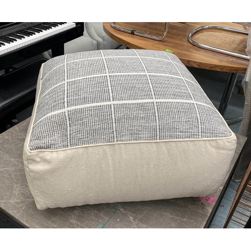 387 - POUFFE, neutral fabric upholstered with checked fabric to, 70cm W x 70cm D x 35cm H.