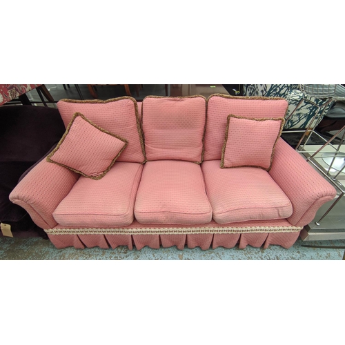 450 - SOFA, country house style, in pink patterned fabric with tufted detail, 205cm x 107cm.