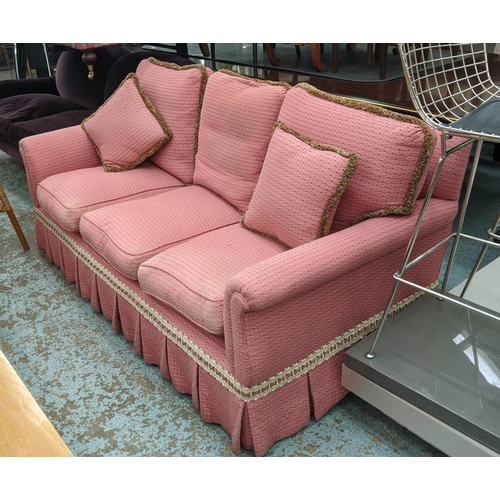 450 - SOFA, country house style, in pink patterned fabric with tufted detail, 205cm x 107cm.