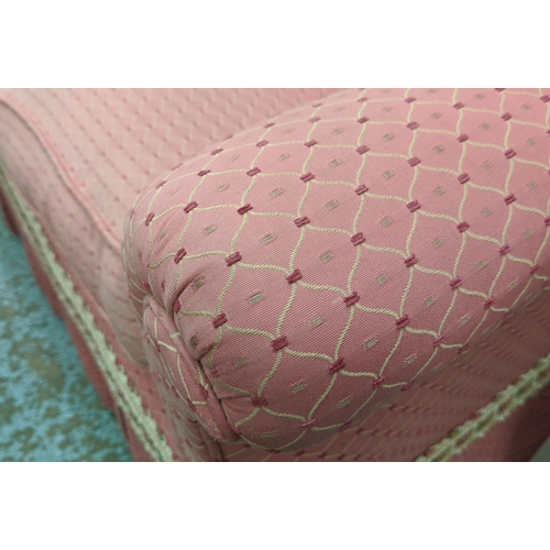 450 - SOFA, country house style, in pink patterned fabric with tufted detail, 205cm x 107cm.