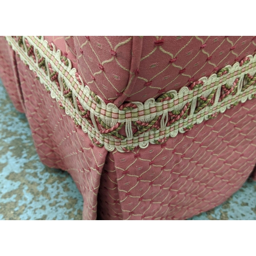 450 - SOFA, country house style, in pink patterned fabric with tufted detail, 205cm x 107cm.