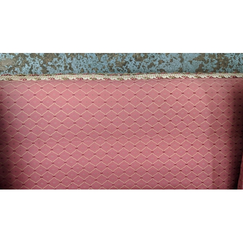 450 - SOFA, country house style, in pink patterned fabric with tufted detail, 205cm x 107cm.