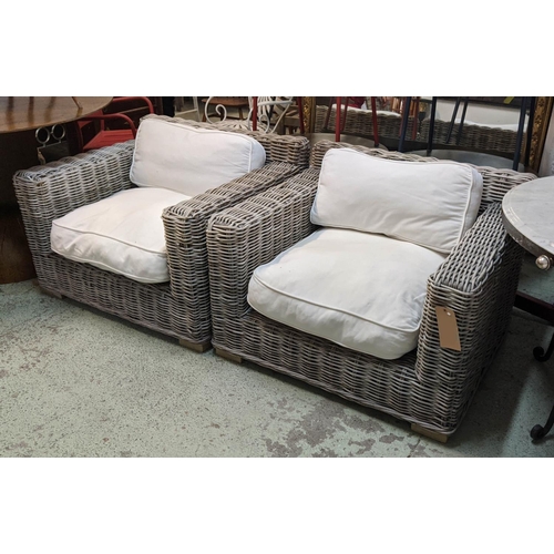 468 - GARDEN ARMCHAIRS, a pair, 99cm W x 68cm H x 88cm D wicker with loose cream seat cushions. (2). (matc... 