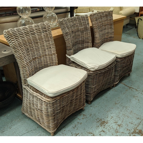 GARDEN CHAIRS, a set of eight, 55cm W x 98cm H wicker, each with a loose cream seat cushion. (8).