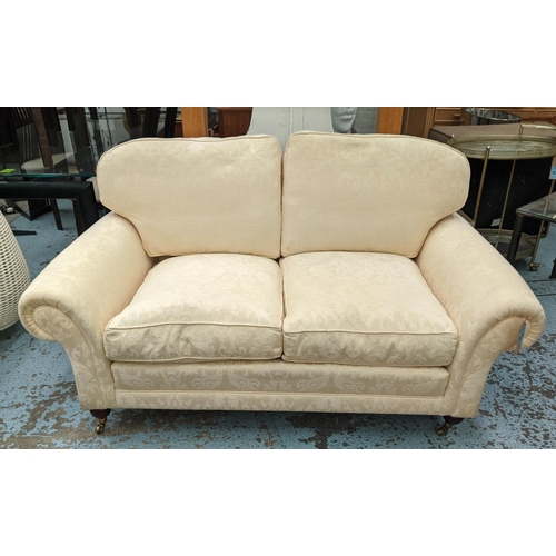 470 - SOFA WORKSHOP SOFA, 176cm L x 79cm H x 97cm D two seater with yellow patterned upholstery.