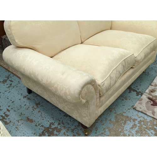 470 - SOFA WORKSHOP SOFA, 176cm L x 79cm H x 97cm D two seater with yellow patterned upholstery.