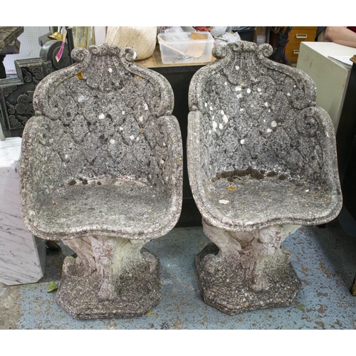 78 - GARDEN ARMCHAIRS, 88cm H x 54cm W, a pair, reconstituted stone. (2)