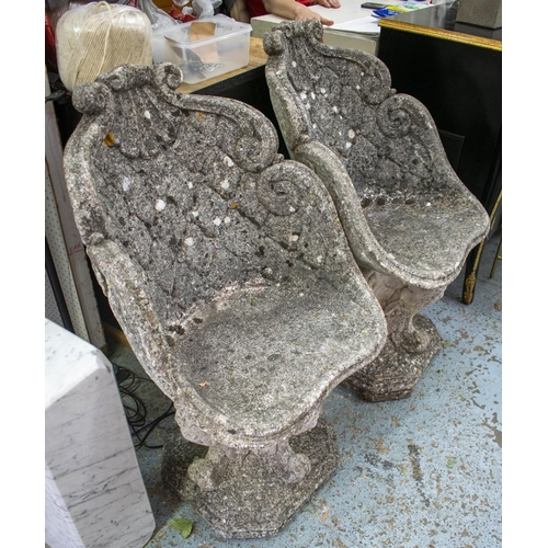 78 - GARDEN ARMCHAIRS, 88cm H x 54cm W, a pair, reconstituted stone. (2)