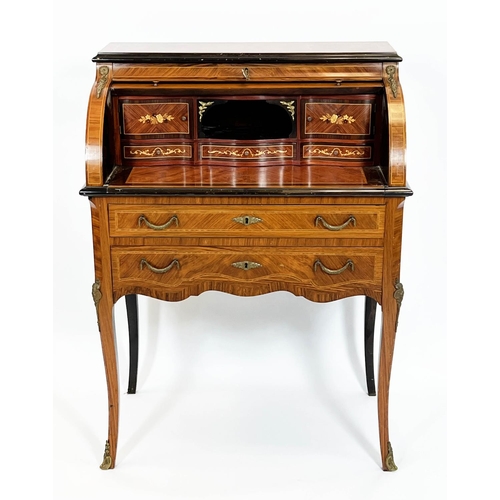 90 - CYLINDER BUREAU, French Louis XV design kingwood, marquetry inlaid and ormolu mounted with roll top ... 
