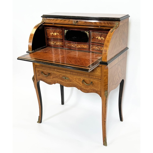 90 - CYLINDER BUREAU, French Louis XV design kingwood, marquetry inlaid and ormolu mounted with roll top ... 