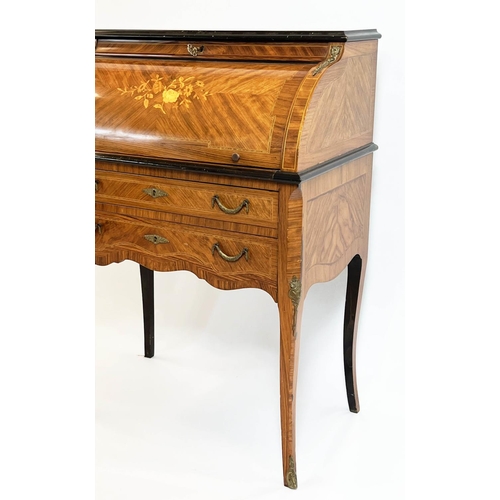 90 - CYLINDER BUREAU, French Louis XV design kingwood, marquetry inlaid and ormolu mounted with roll top ... 