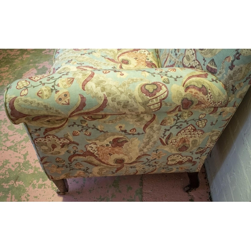 96 - SOFA, 96cm H x 157cm W, Edwardian mahogany newly upholstered in foliate fabric.