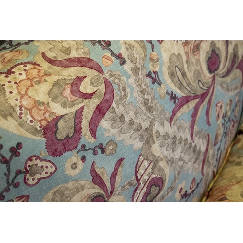 96 - SOFA, 96cm H x 157cm W, Edwardian mahogany newly upholstered in foliate fabric.