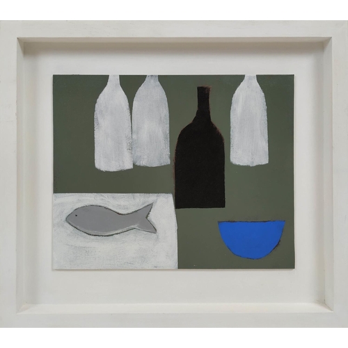39 - PHIL JOHNS, 'Still Lifes with Bottles, Jugs and Fish', acrylic on board, 25.5cm x 32cm, signed, fram... 