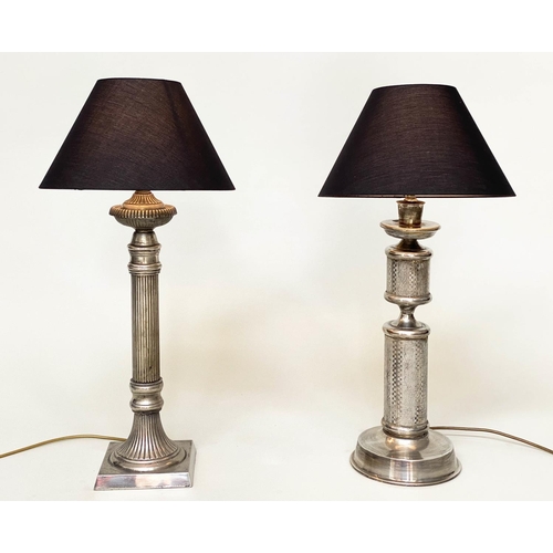 107 - COLUMN LAMPS, two silvered metal fluted column, with stepped base together with a continental decora... 