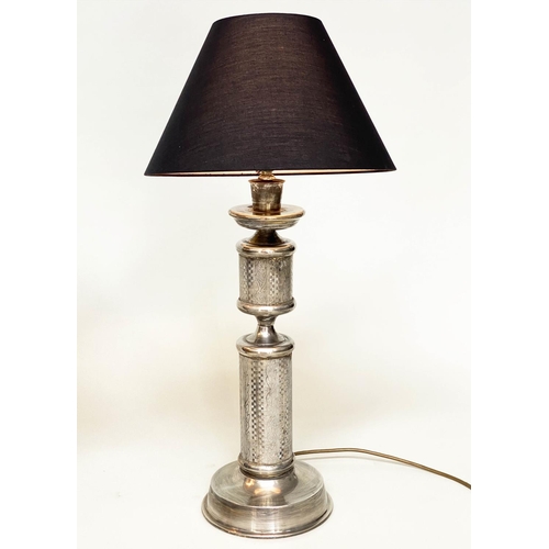 107 - COLUMN LAMPS, two silvered metal fluted column, with stepped base together with a continental decora... 