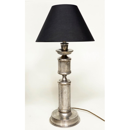 107 - COLUMN LAMPS, two silvered metal fluted column, with stepped base together with a continental decora... 